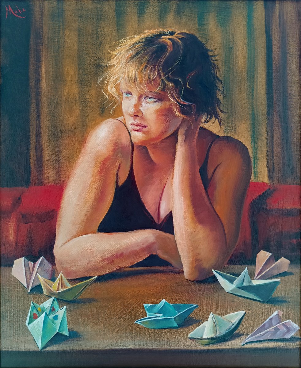 Impressionistic Portrait Oil Painting By Isabel Mahe, 20 X 23, Origami, Original Artwork