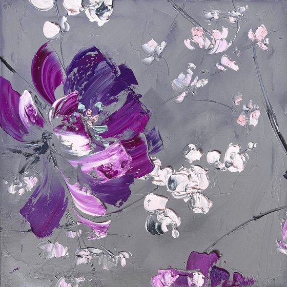 VERY PERI GREENHOUSE 2 -  Gray flower painting. Purple flowers square canvas.