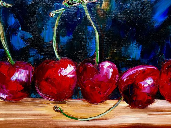 Cherries. Still life. Palette knife painting on linen canvas