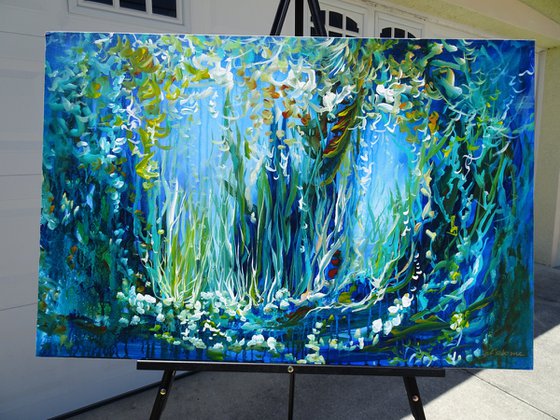 Floral Landscape Painting Abstract Flowers Forest Pond Water Reflection. Large Blue Contemporary Painting Modern Impressionistic Art