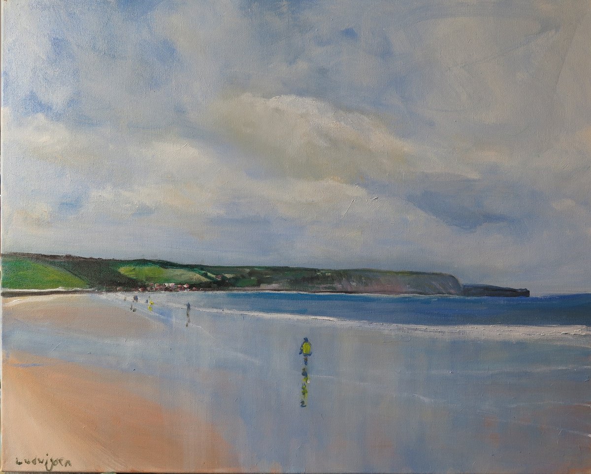 Impressionistic Landscape Oil Painting By Malcolm Ludvigsen, 30 X 24", Sandsend Reflections, Original Artwork