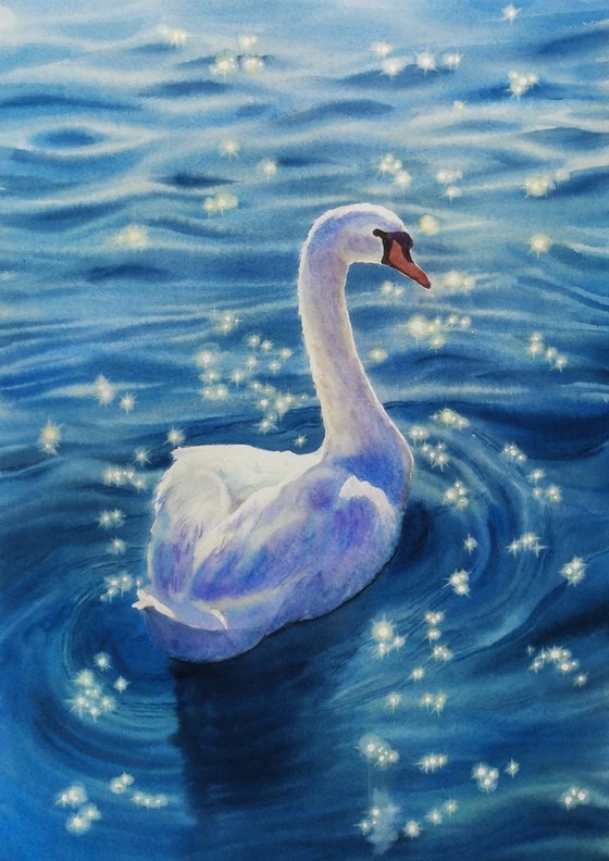 White Swan painting - Swan Lake - Swan watercolor - sunlight glare