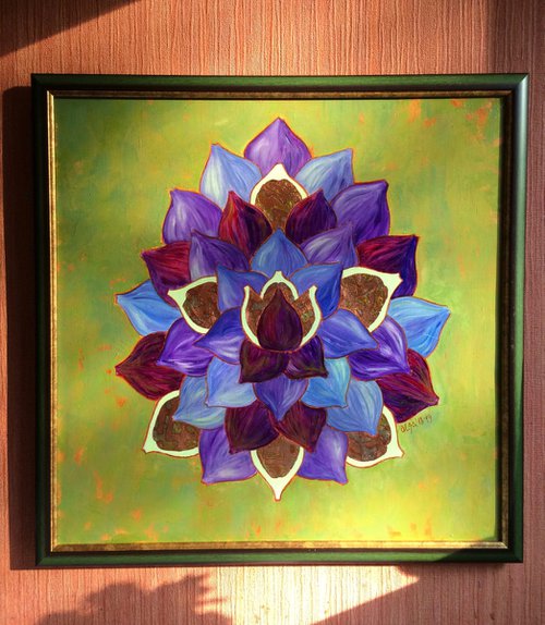 Mandala of blue and purple figs on a green background - Framed mixed media painting by Olga Ivanova