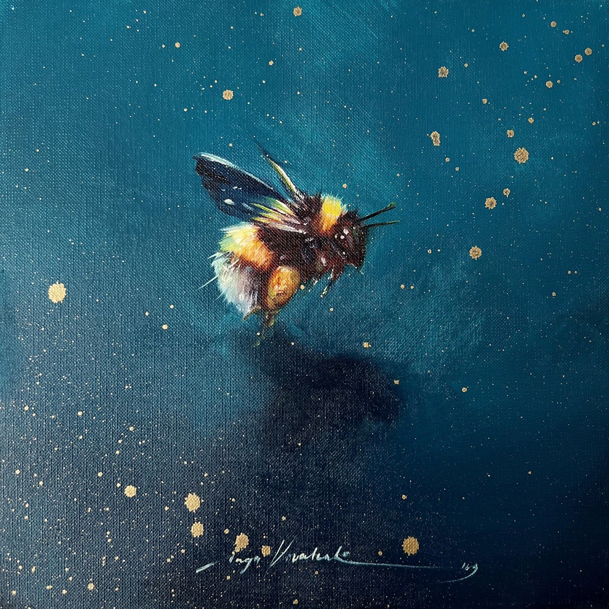 This is a honey bumblebee in flight by Inga Kovalenko