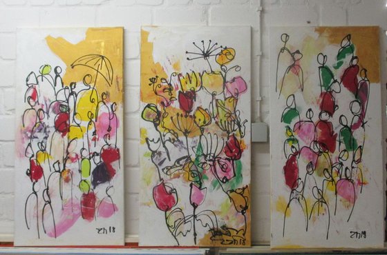 3 part spring abstract flowers and people acrylpainting 39,7 x 59,0 inch