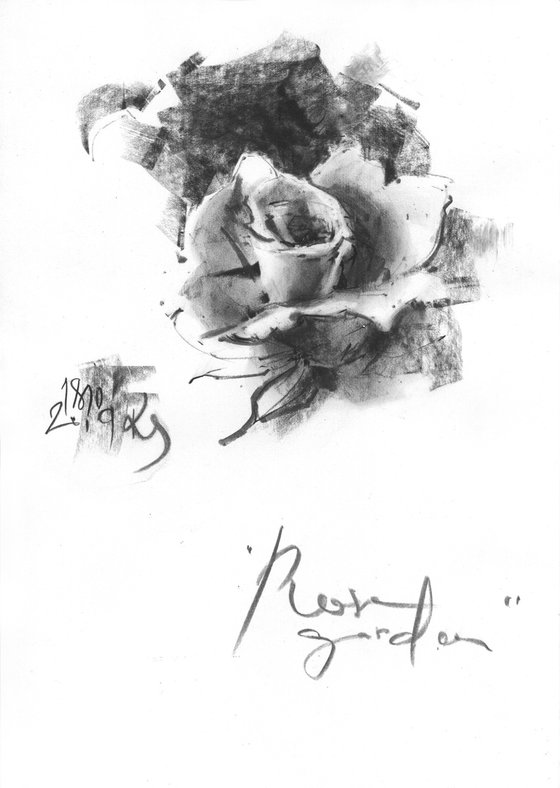 "Rose garden" - original charcoal sketch with calligraphic inscription
