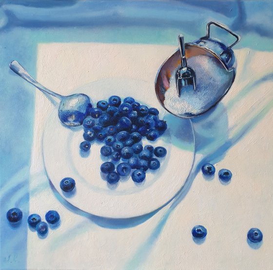 "Slightly sour.  "  still life summer blueberry blue berries  white liGHt original painting  GIFT (2021)