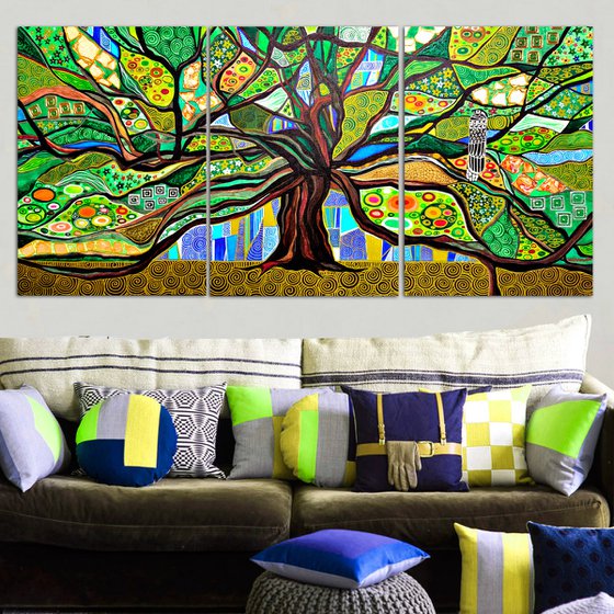 Green abstract painting Tree of life. Large abstract wall art