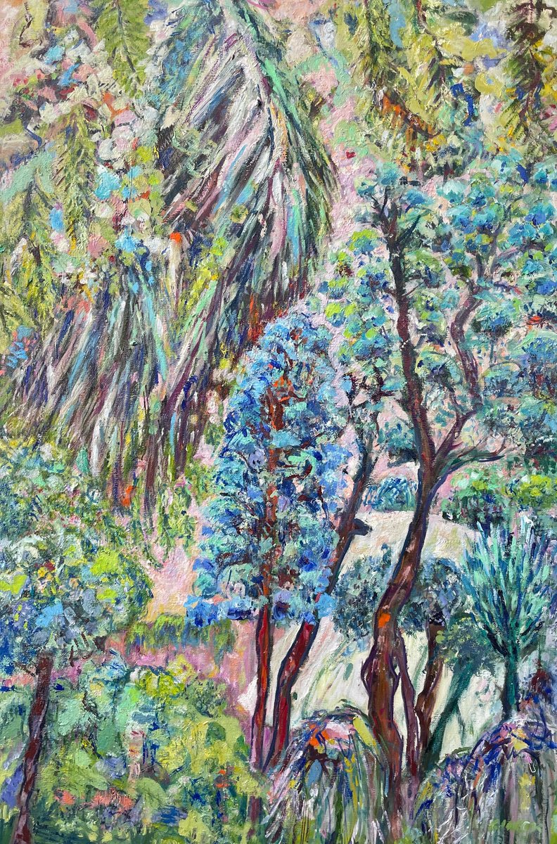 Impressionistic Landscape Oil Painting By Maureen Finck, 24 X 36", Netting The Apricot Tree, Original Artwork