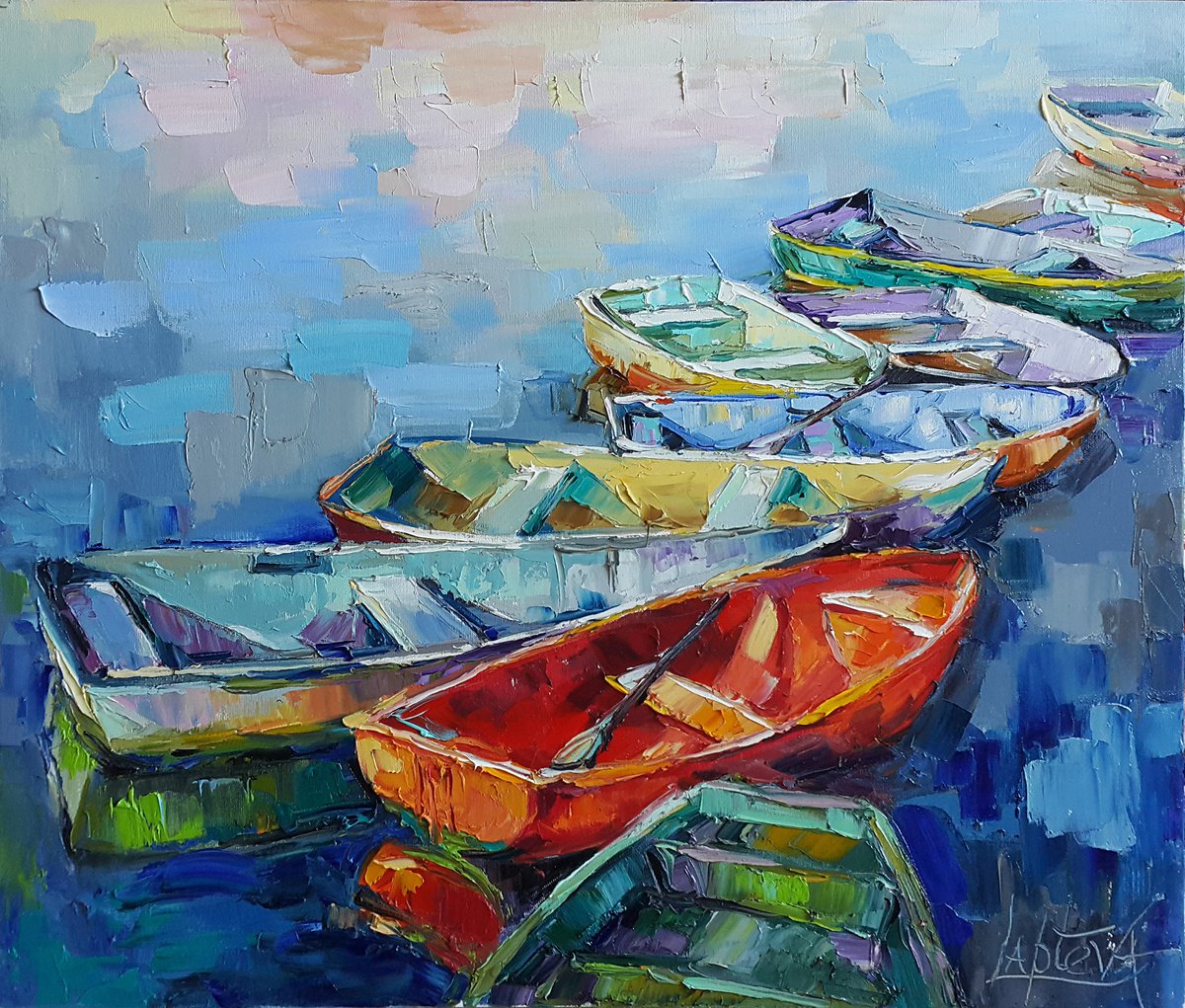 Expressive Landscape Oil Painting By Viktoria Lapteva, 28 X 24", Fishing Boats, Original Artwork