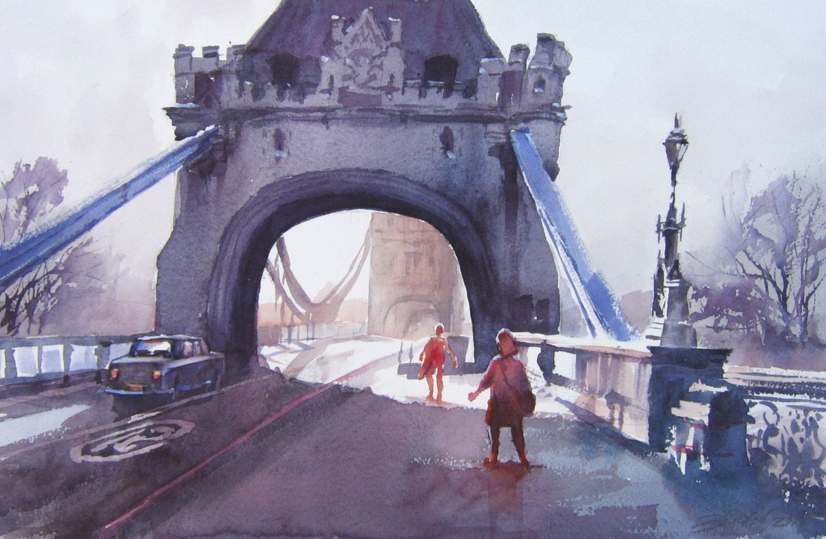Cityscapes Watercolour By Goran Zigolic Watercolors, 20 X 13, Tower Bridge, Original Artwork
