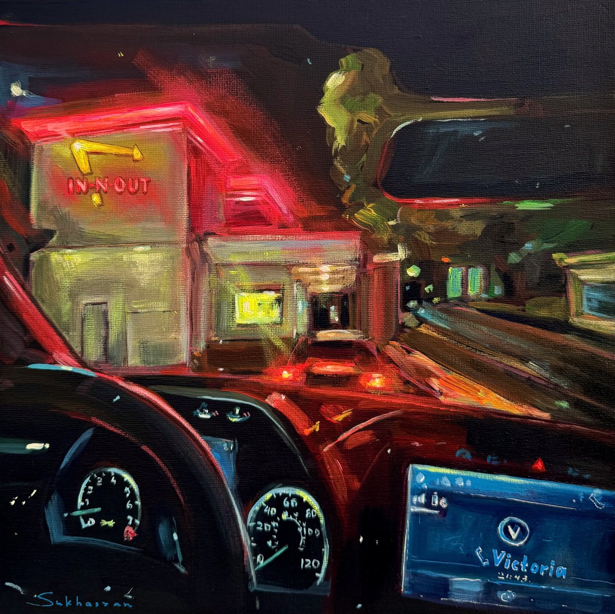 Impressionistic Cityscapes Acrylic Painting By Victoria Sukhasyan, 12 X 12", In-N-Out Drive Through. La, Original Artwork