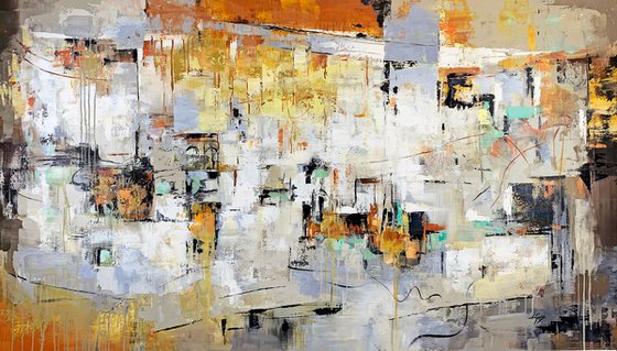 Most of All - Extra Large Oversize Abstract Painting 71" x 40" , Gray Yellow Gold Leaf Soft Colors White Gray Painting