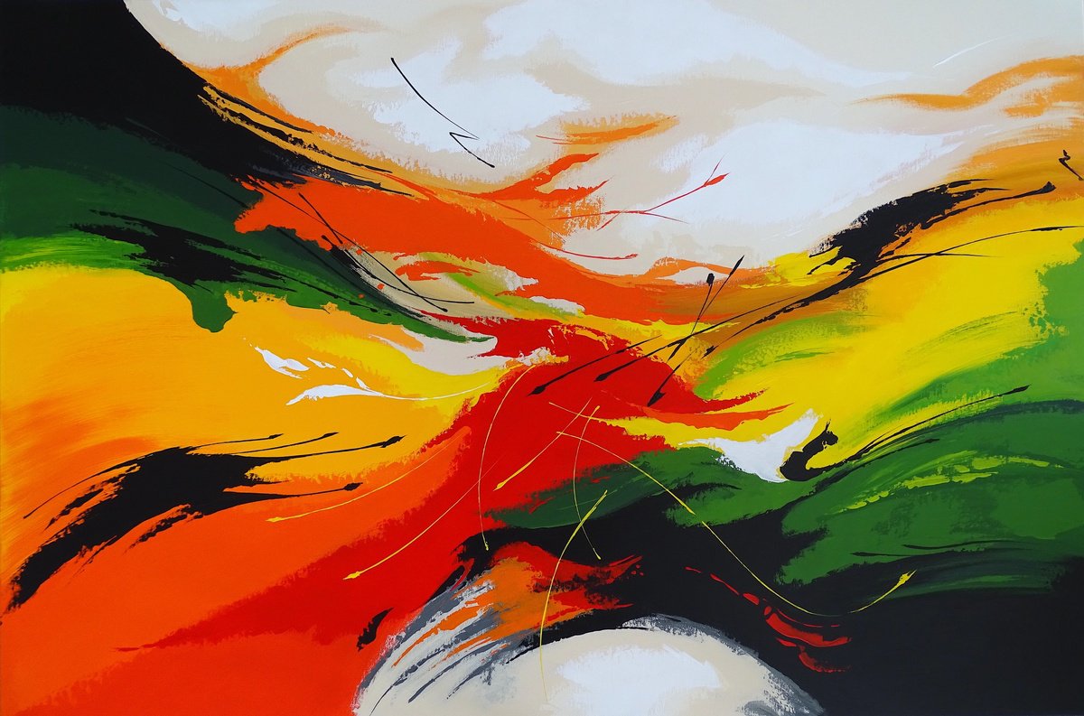 Abstract Acrylic Painting By Livien Rozen, 47 X 31", The Happy Finding Of Each Other, Original Artwork