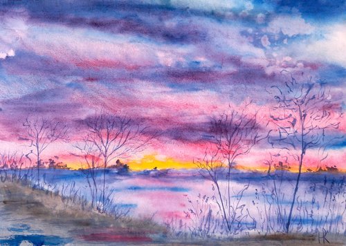 Sunrise at the riverside - original watercolor painting by Halyna Kirichenko