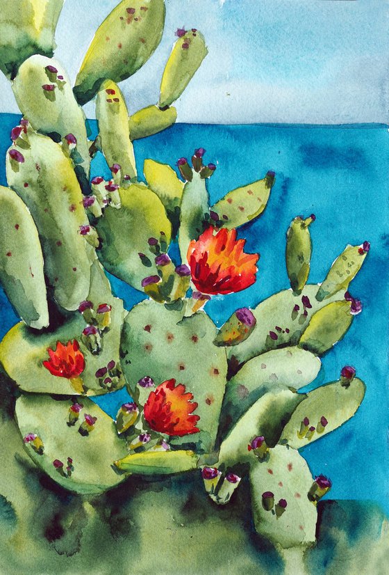 Opuntia - meditterianean seascape original watercolor