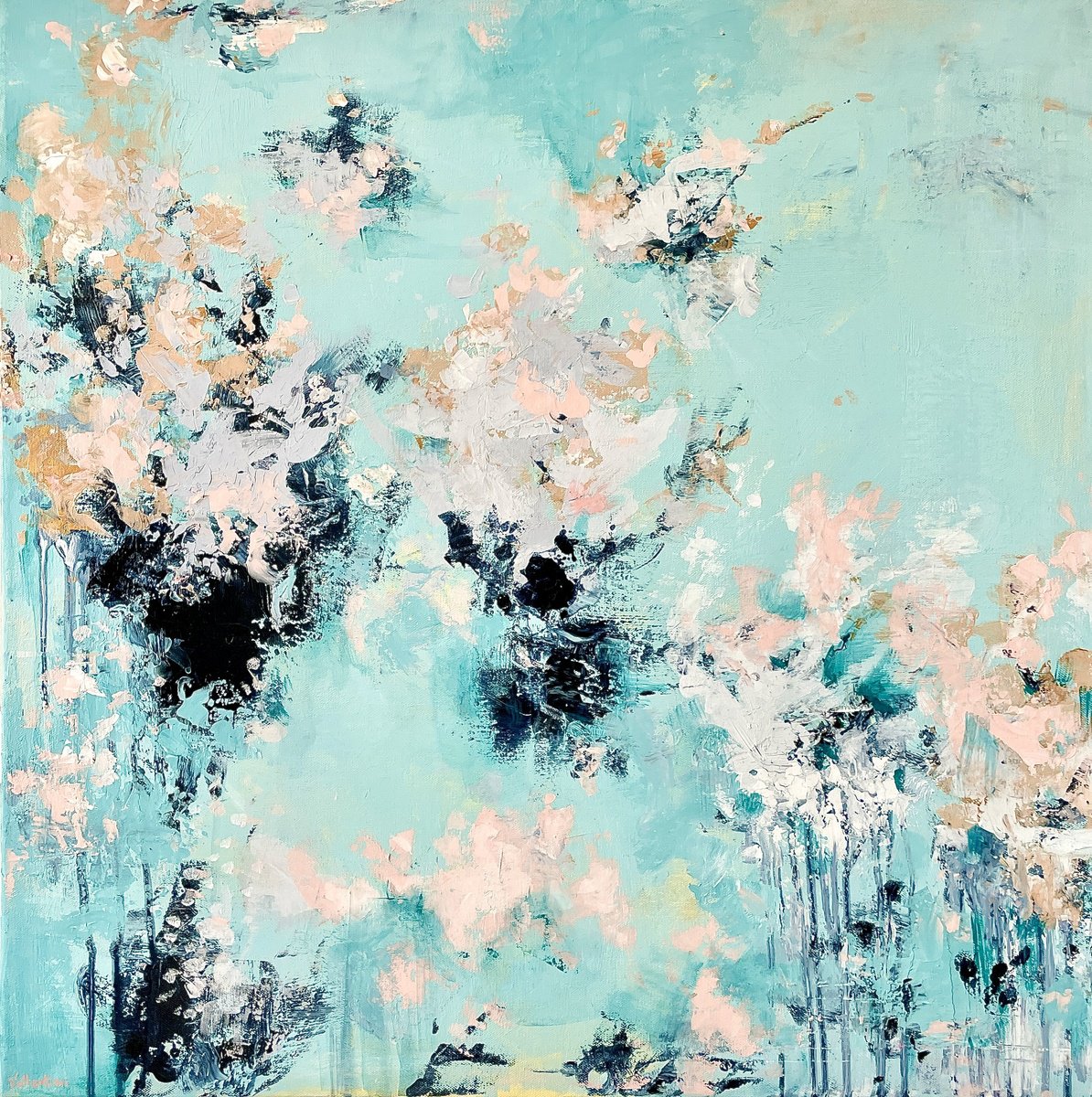 JOYFUL DAY - 70 x70 CM - ASTRACT PAINTING ON CANVAS * BRIGHT GREEN * TURQUOISE * SOFT PINK by Jani Vallentimi