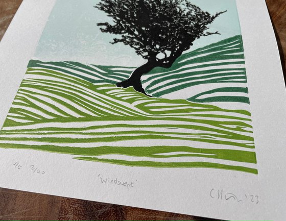 Windswept - Lone Tree Linocut