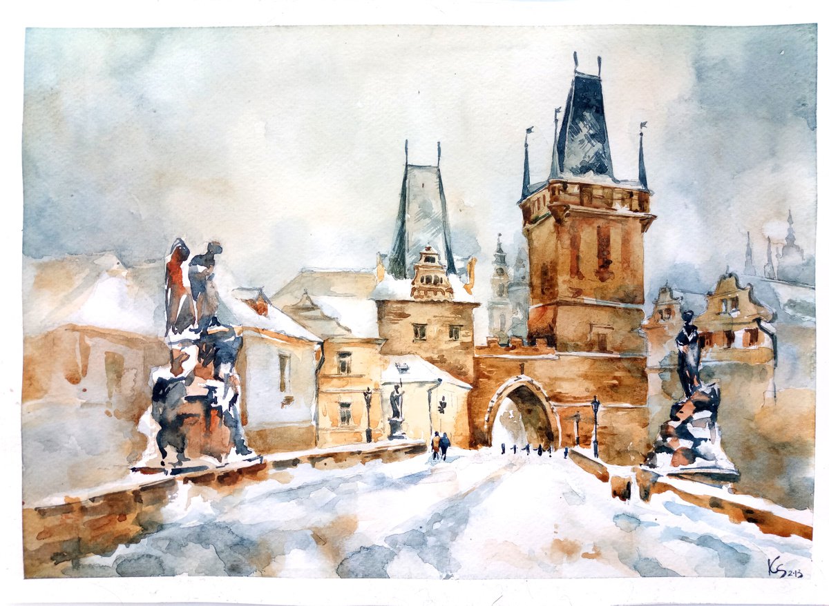 Impressionistic Cityscapes Watercolour By Ksenia Selianko, 13 X 9", Bridge In Prague, Original Artwork