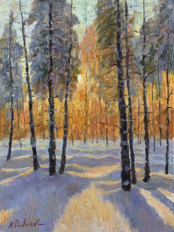 Sunrise in the forest - sunny winter landscape painting