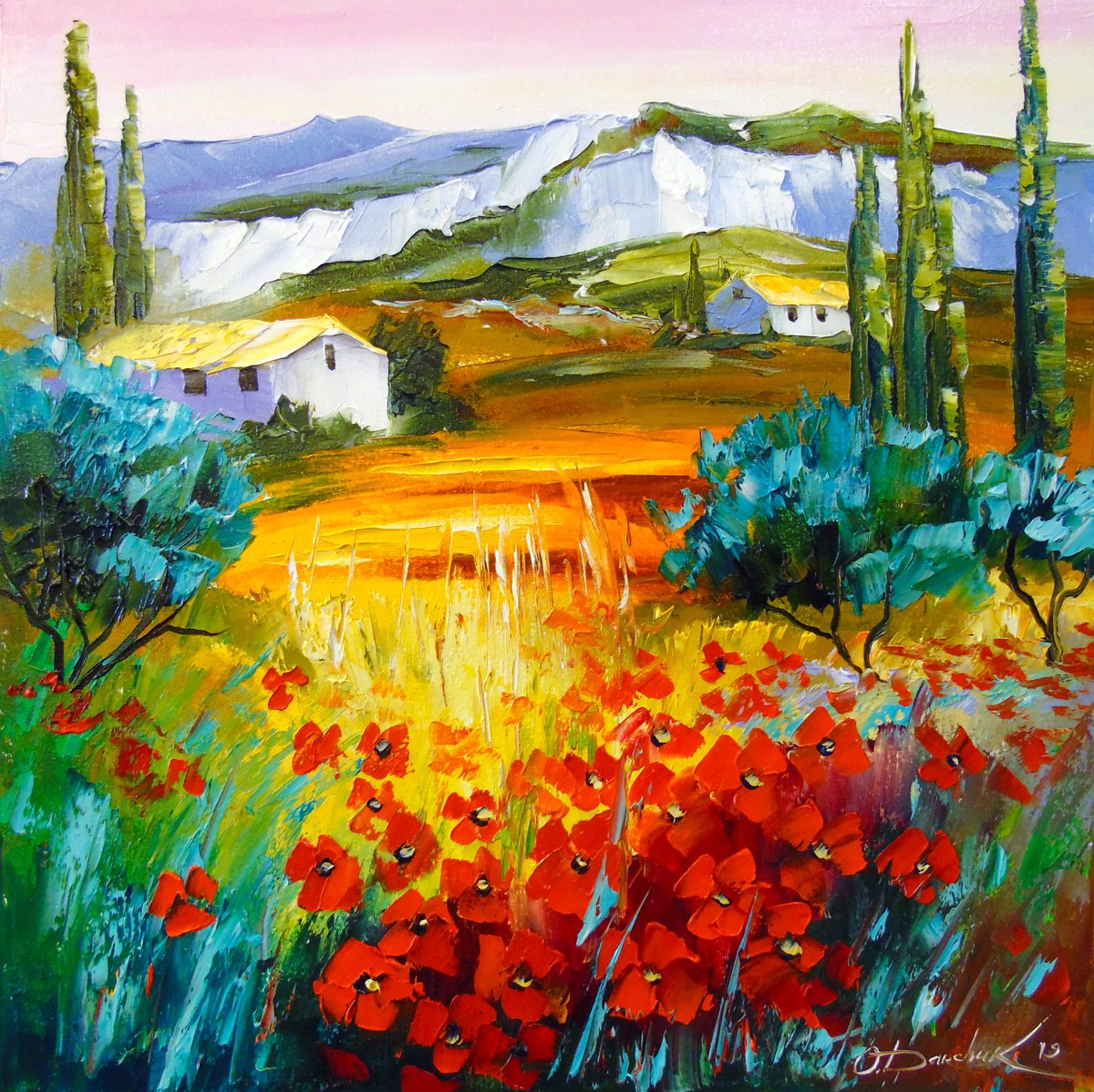 Impressionistic Landscape Oil Painting By Olha Darchuk, 20 X 20", Summer In The Mountains, Original Artwork