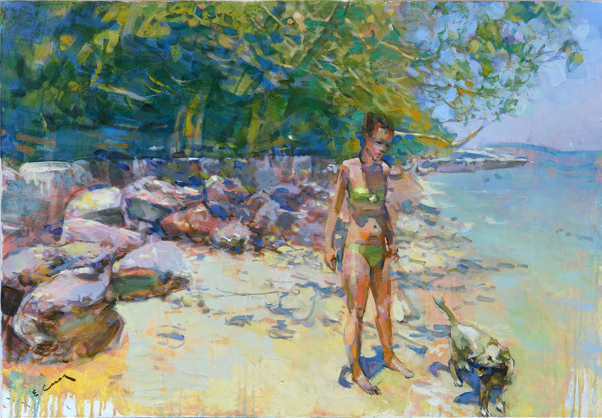 Expressive Oil Painting , Girl With A Dog By Eugene Segal, 43 X 30, Artwork For Sale On Artfinder