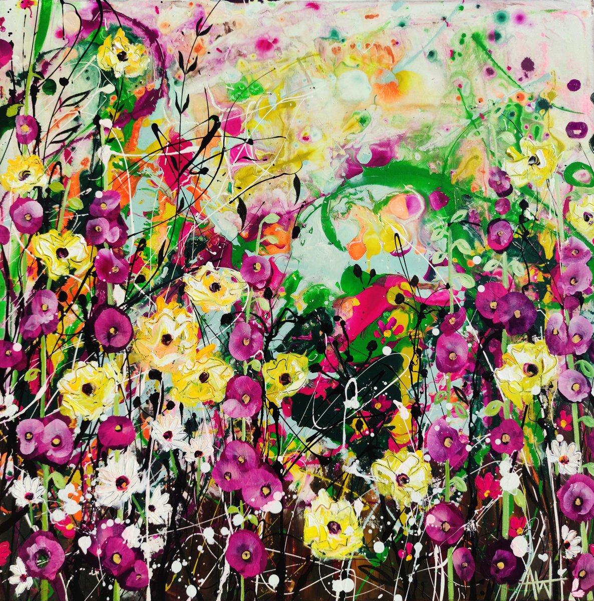 Expressive Botanical Oil Painting By Angie Wright, 35 X 35, Wildflower Pop, Original Artwork