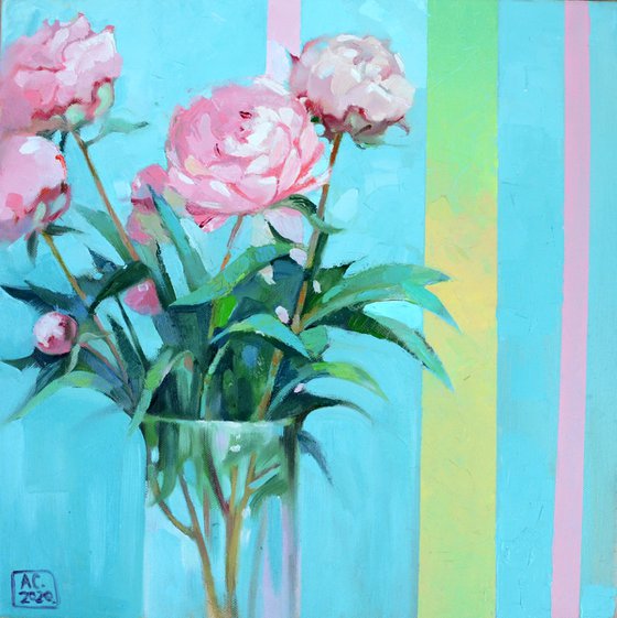 "Pink peonies on a blue background with stripes"
