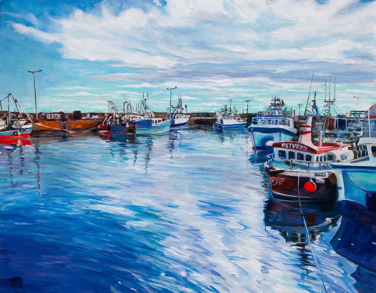 Photorealistic Landscape Oil Painting By Liudmila Pisliakova, 18 X 14", Pittenweem Harbour, Original Artwork
