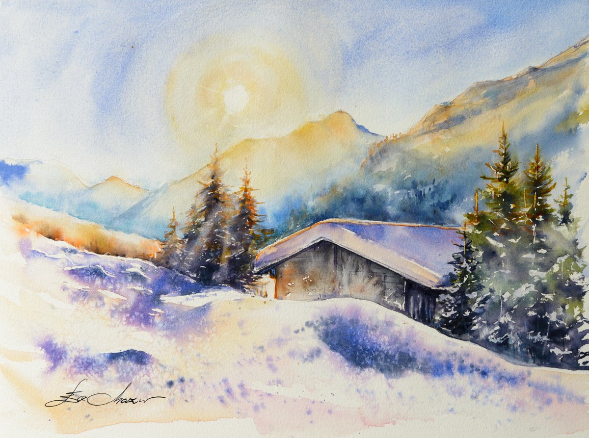 Impressionistic Landscape Watercolour By Eve Mazur, 16 X 12, Winter Landscape, Original Artwork