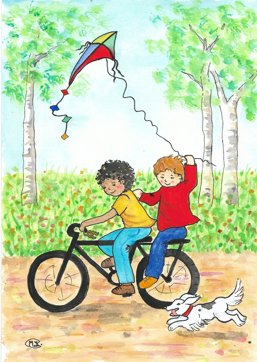 Boys, Bike and Kite, Summer scene by MARJANSART