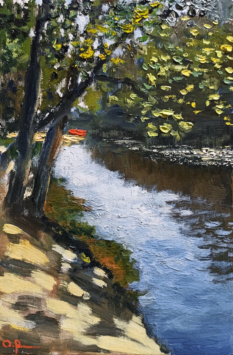 Impressionistic Landscape Oil Painting By Oleh Rak, 8 X 12", Sunny Day By The River, Original Artwork