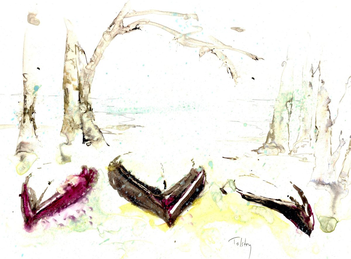 Impressionistic Landscape Watercolour By Alex Tolstoy, 14 X 10, Boats In The Snow, Original Artwork