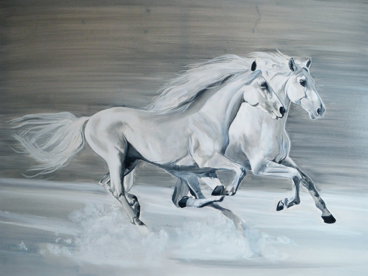 Oil Painting , Magic White: Two Horses By Valeriia Radziievska, 47 X 35, Artwork For Sale On Artfinder