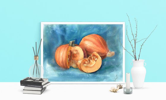 Still life with pumpkins on a blue background