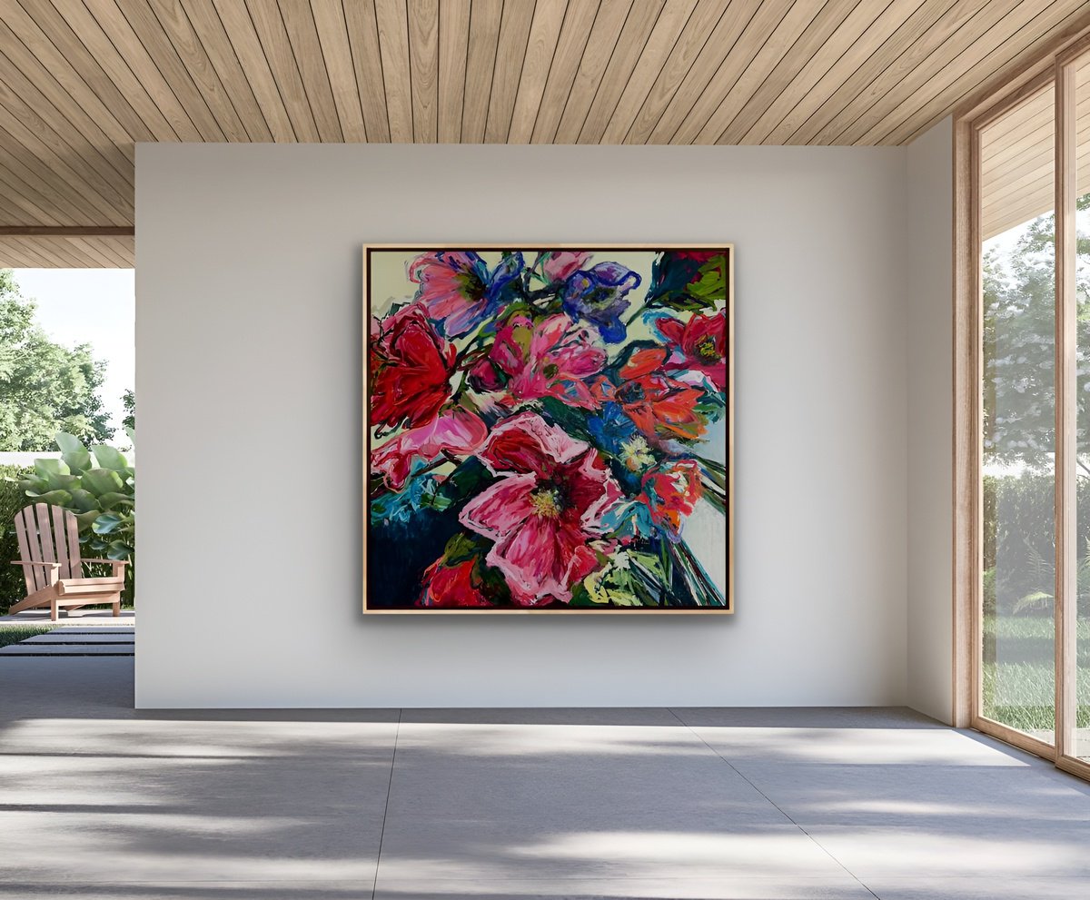 Expressive Botanical Painting By Julia Borg, 79 X 79", "Everything Blooms Eventually", Original Artwork