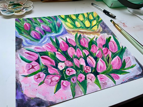 Tulips Original Gouache Painting, Flower Watercolor Art, Bouquet Artwork, Cottagecore Aesthetic