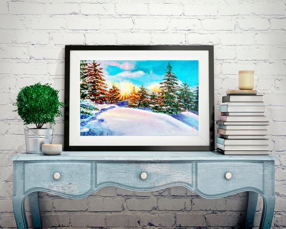 Fabulous winter, Pine Tree Painting Original Art Alaska Artwork Snowy Landscape Wall Art
