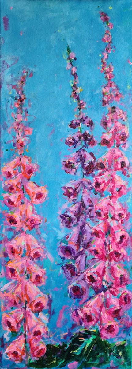 Impressionistic Botanical Acrylic Painting By Dawn Underwood, 12 X 31, Foxgloves, Original Artwork