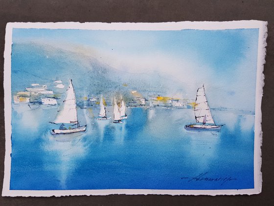 Calm sea landscape. Morning sail  Original watercolor picture.