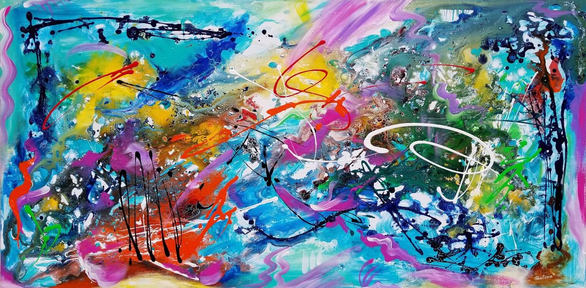 Expressive Abstract Acrylic Painting By Galina Victoria, 48 X 24, Sky Is The Limit, Original Artwork