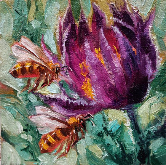 Bee oil painting original flower on canvas, Bee artwork small framed art, Anniversary gift mini painting 4x4