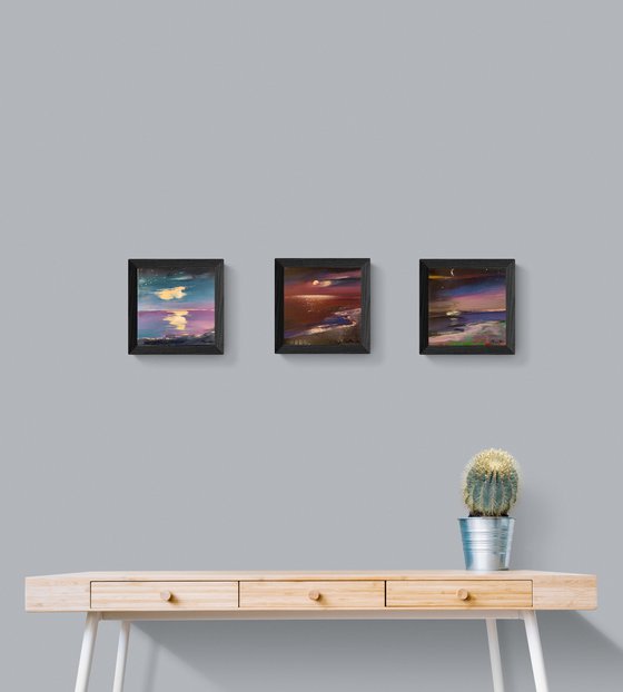 Triptych Small seascapes - "Red night" - Bright expressionism - Sea - Ocean