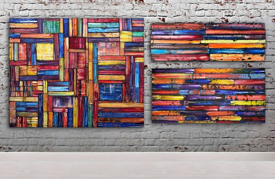 "Building A Fortress" - Original Xt Large PMS Abstract Triptych Oil Paintings On Canvas, Wooden Panels and Wooden Pieces - 108" x 48"