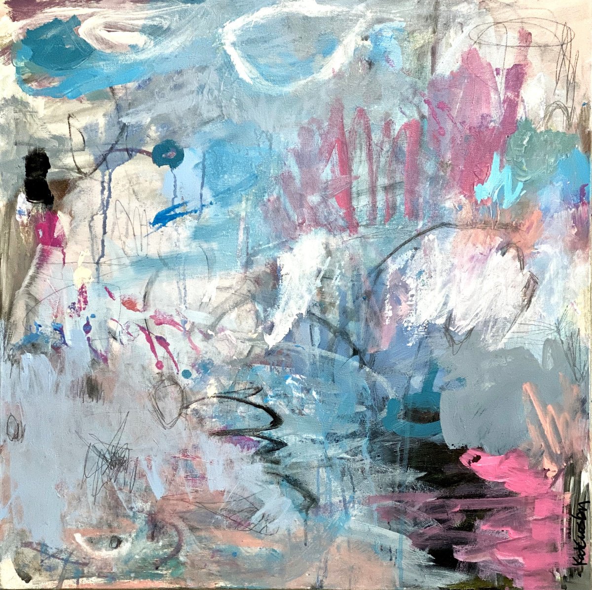 Organic Abstract Acrylic Painting By Kat Crosby, 24 X 24", Spring On The Horizon, Original Artwork