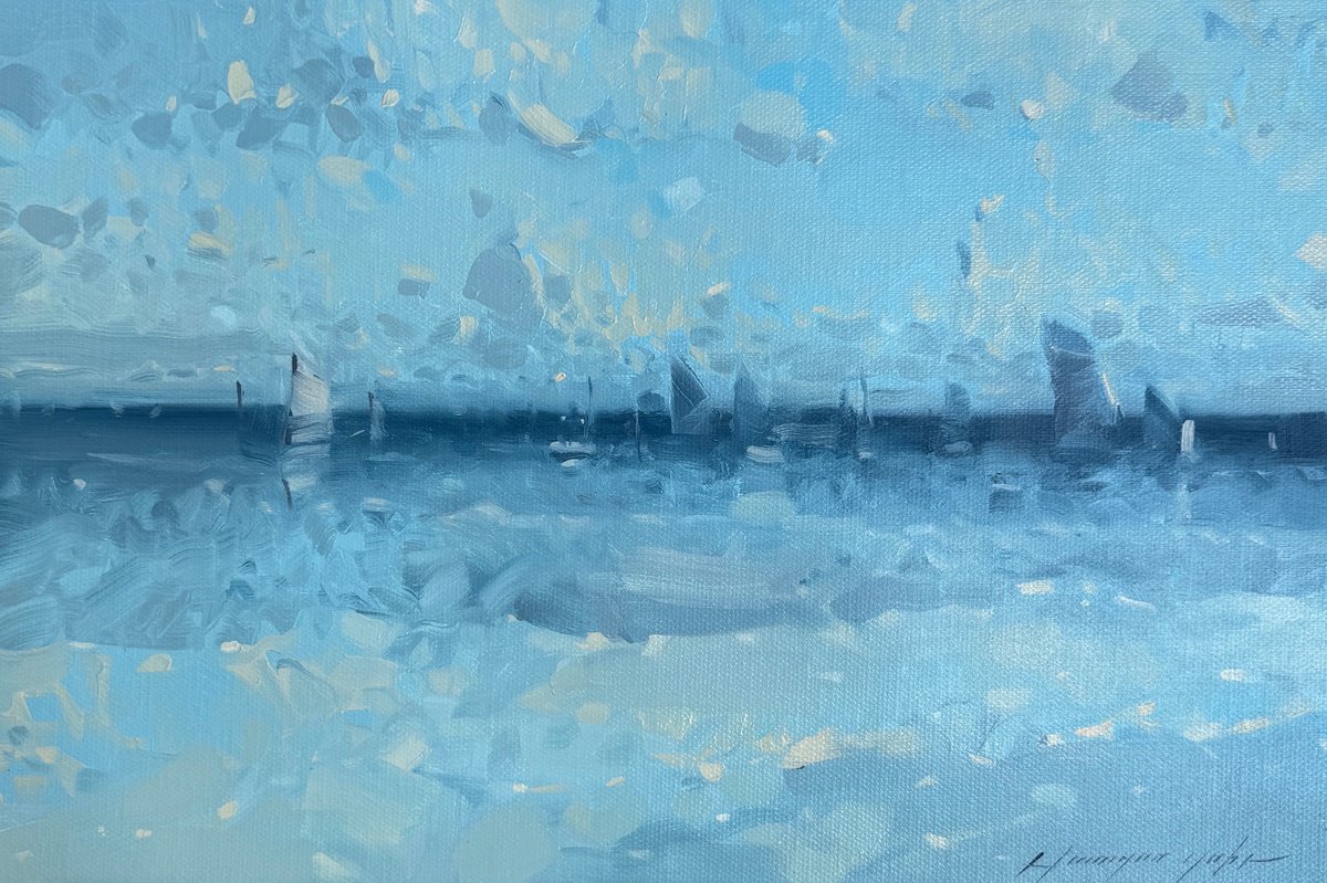 Impressionistic Landscape Oil Painting By Vahe Yeremyan, 17 X 11", Cobalt Ocean, Original Artwork