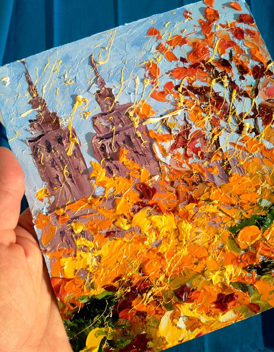 NYC Fall Painting Cityscape Original Art New York Small Oil Artwork Central Park Impasto Pallete Knife Wall Art 7 by 8" by Halyna Kirichenko