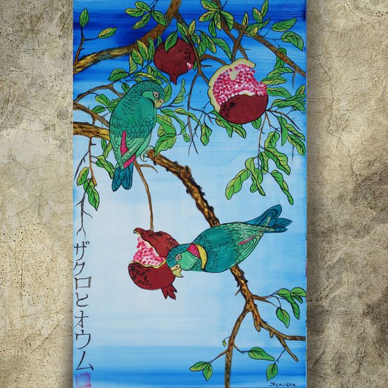 pomegranate and parrots Japan Hieroglyph original artwork in japanese style J102 ready to hang painting acrylic on stretched canvas wall art