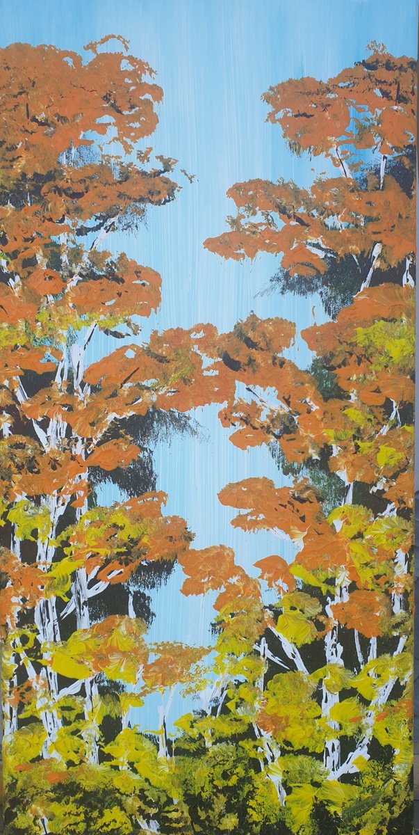 Impressionistic Landscape Acrylic Painting By Daniel Urbani?k, 12 X 24, Heavenly Birches 2, Original Artwork