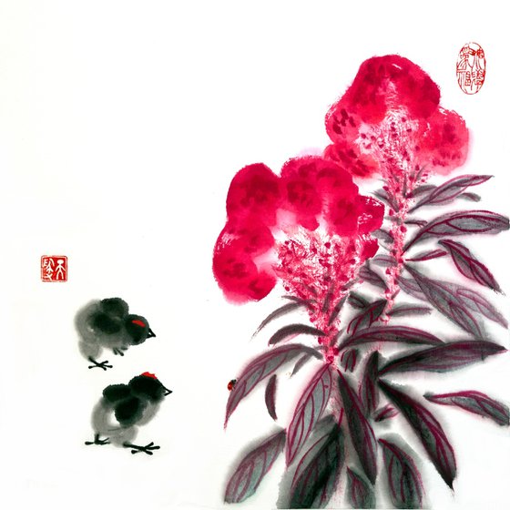 Celosia, Chicks and a Ladybug